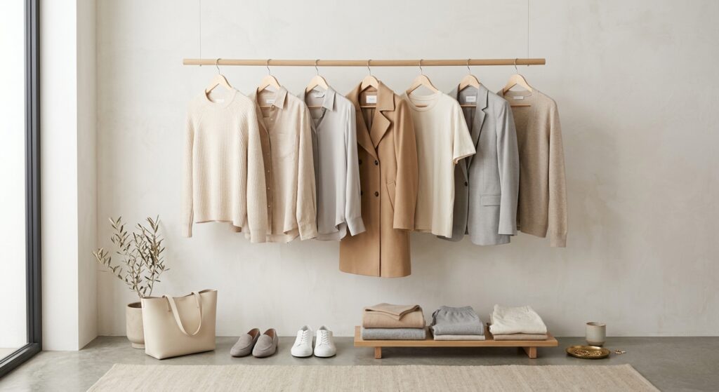 A minimalist, editorial-style photograph of a curated, high-quality capsule wardrobe featuring a neu