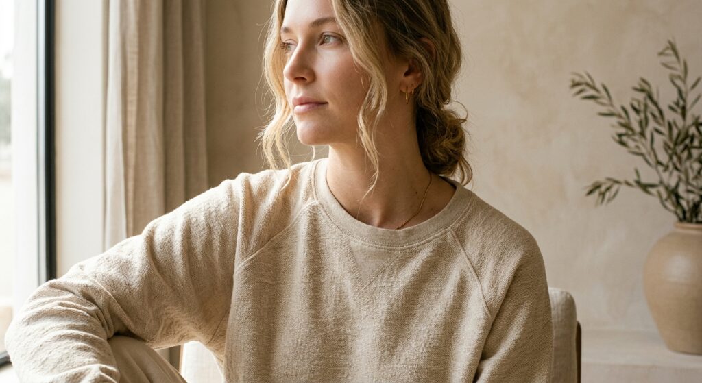 A high-end editorial close-up of a person wearing premium, textured organic cotton clothing in a sof