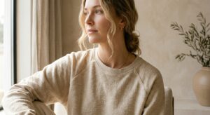 A high-end editorial close-up of a person wearing premium, textured organic cotton clothing in a sof