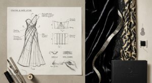 A high-end editorial split-screen composition featuring architectural sketches and opulent fabric te