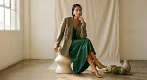 A high-end editorial fashion shot featuring a seamless blend of a vintage oversized blazer paired wi