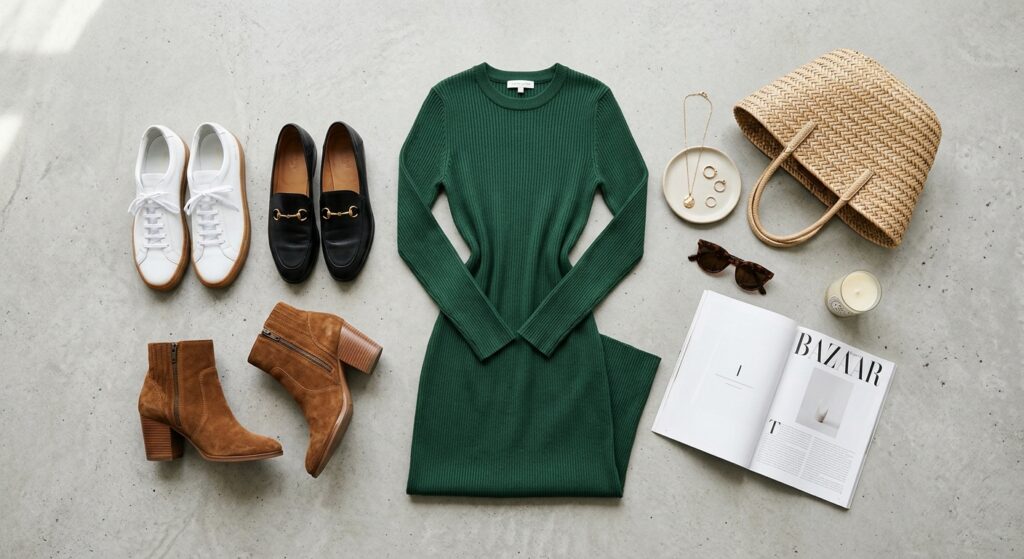 A stylish, high-angle flat lay featuring a chic casual dress paired with diverse shoe options—such a