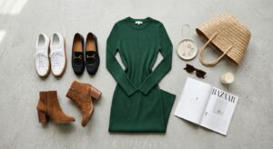 A stylish, high-angle flat lay featuring a chic casual dress paired with diverse shoe options—such a