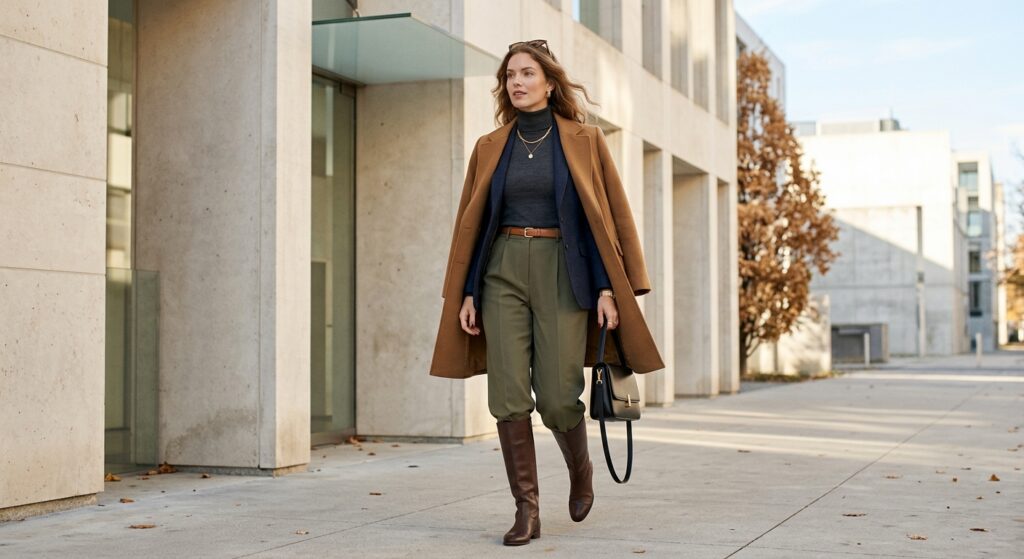 A high-fashion editorial shot of a stylish woman wearing sophisticated, expertly layered seasonal cl