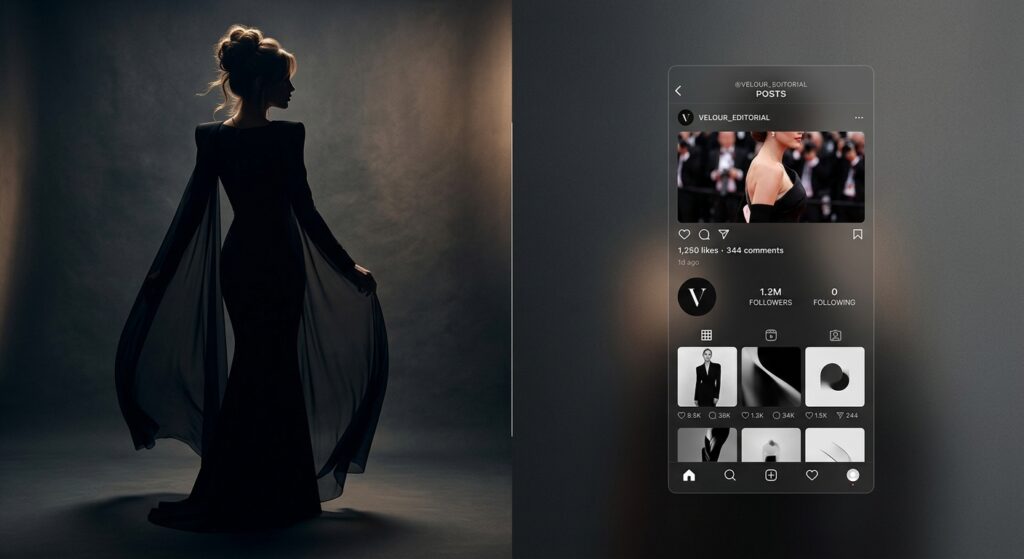 A high-fashion editorial split-screen composition featuring a glamorous celebrity silhouette on one