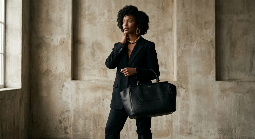 A high-end editorial fashion shot featuring a sleek, oversized structural handbag and bold gold stat