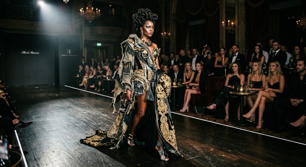 A high-fashion editorial shot capturing a striking model transformation on a dimly lit runway, featu