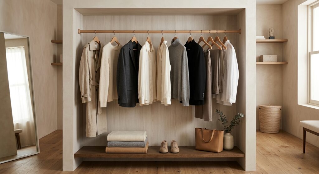 A stylish, high-end editorial shot of a beautifully organized minimalist closet featuring a curated
