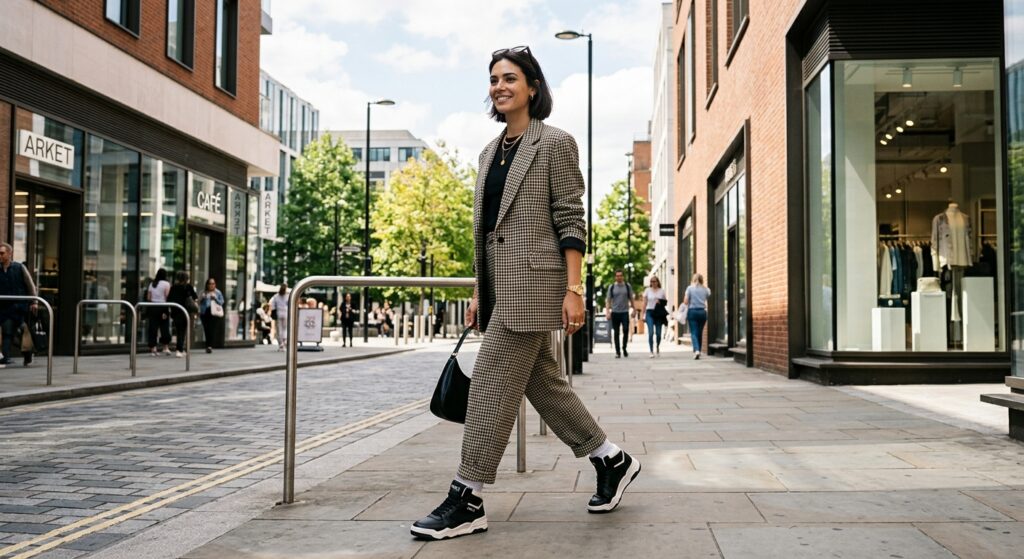 A high-end editorial fashion shot of a model wearing a tailored oversized blazer paired with stylish