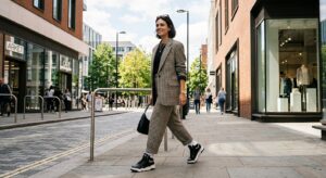 A high-end editorial fashion shot of a model wearing a tailored oversized blazer paired with stylish