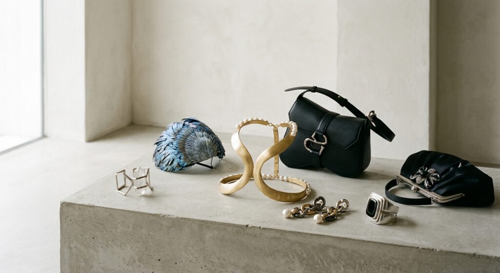 High-end editorial fashion photography featuring a curated collection of iconic, avant-garde accesso