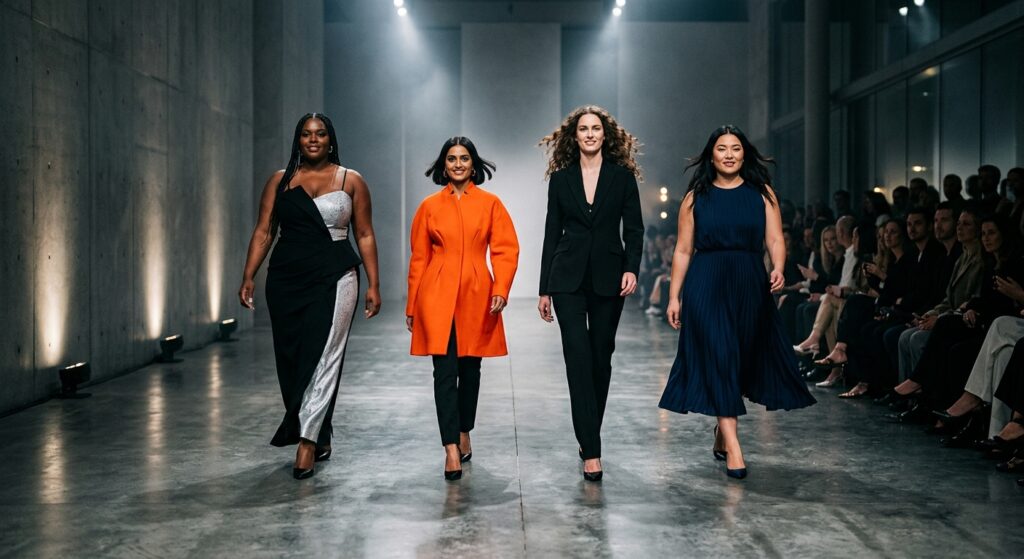 A professional high-fashion editorial shot featuring a diverse group of models with various body typ