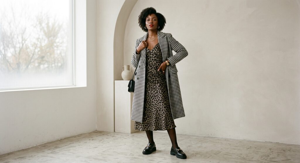 A sophisticated editorial shot of a fashion-forward individual confidently layering a monochrome hou