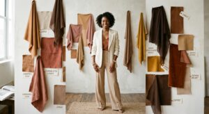 A professional editorial photograph of a stylish person posing in front of a neutral background, sur