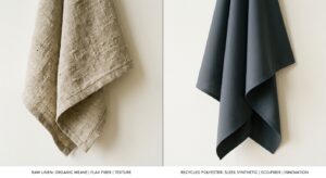 A high-end editorial split-screen photograph contrasting the textured, organic weave of raw linen fa