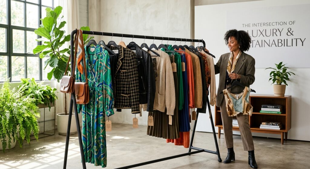 A high-end editorial fashion shot featuring a stylishly curated rack of vintage clothing in a bright