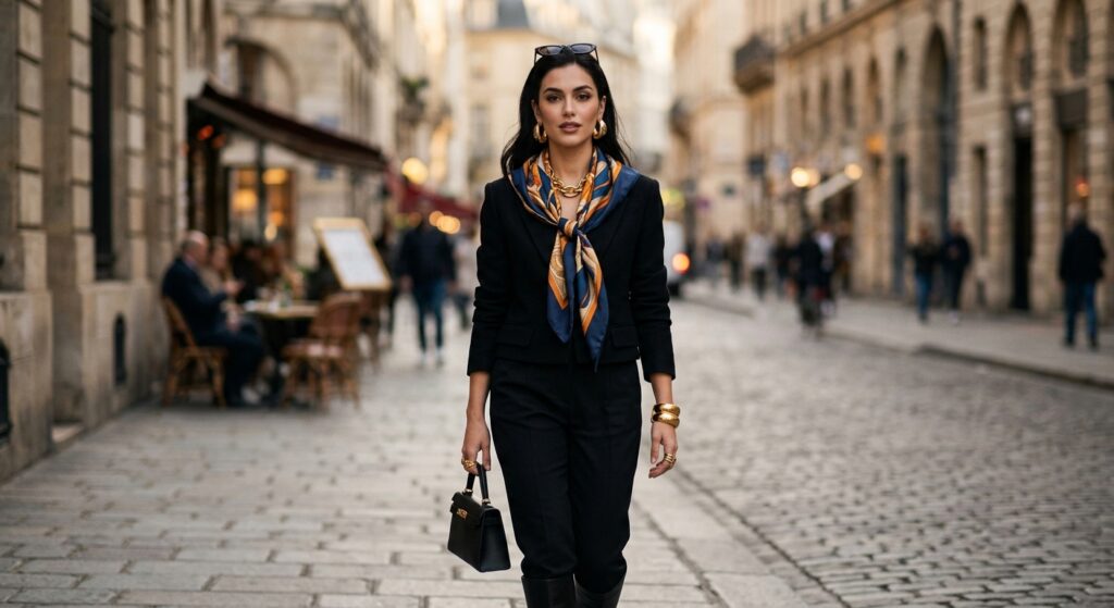A high-fashion editorial shot of a stylish woman wearing a minimalist outfit elevated by several bol