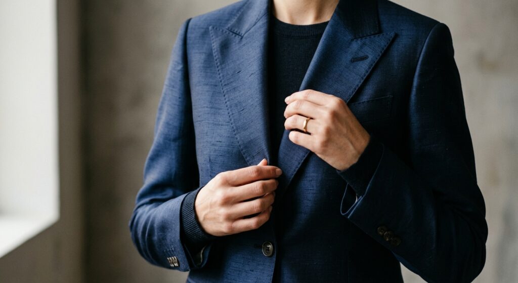 A close-up editorial shot of a woman adjusting a high-end silk blazer, focusing on the meticulous de