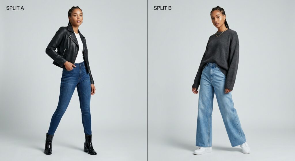 A split-screen editorial fashion photography shot showcasing a stylish model wearing slim-fit skinny