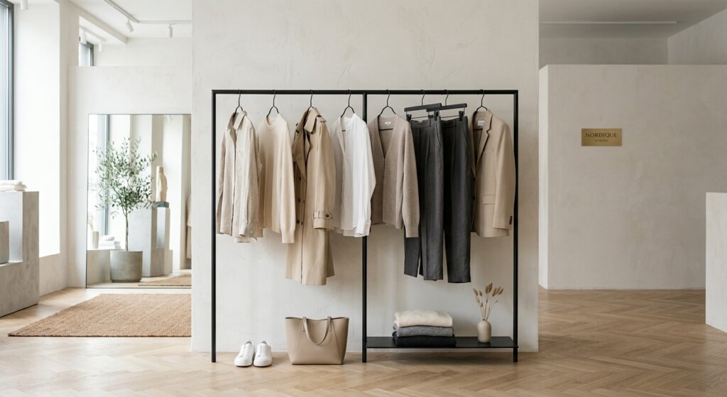 A minimalist, editorial-style photograph featuring a perfectly organized clothing rack with high-qua