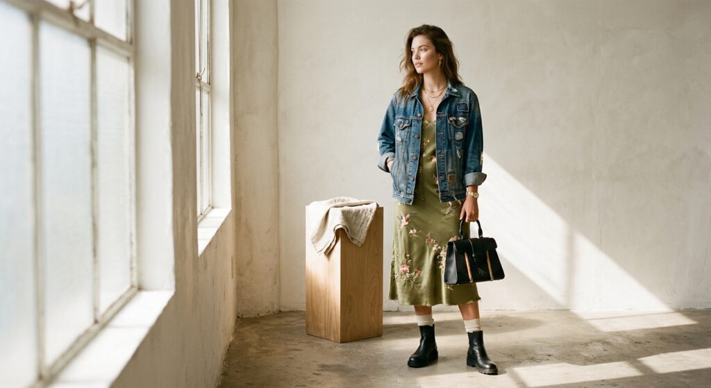 A high-end editorial fashion shot featuring a vintage denim jacket layered over a silk designer dres