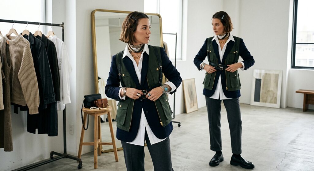 A high-end editorial shot of a stylish woman creatively restyling a classic outfit with modern acces