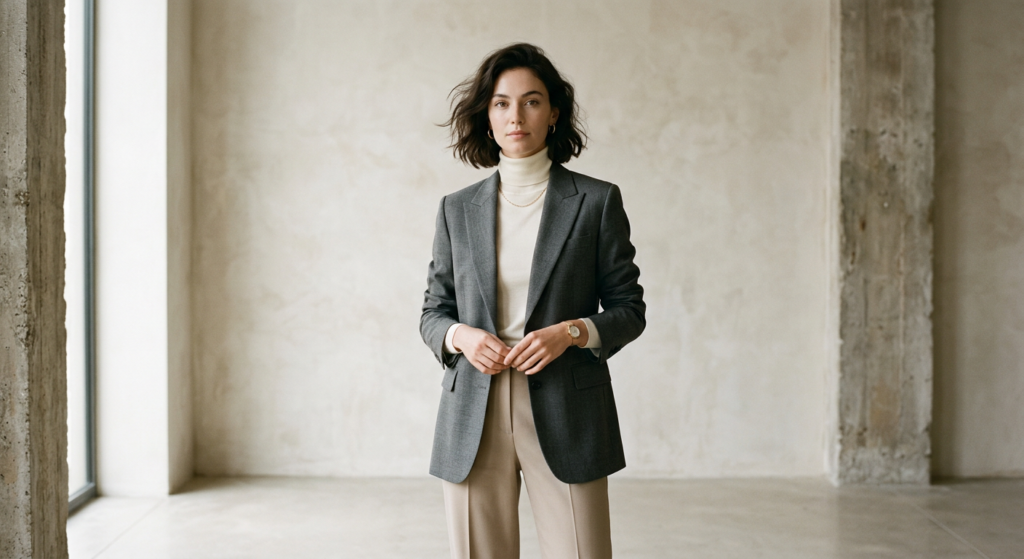 A minimalist, high-fashion editorial portrait of a modern movie star wearing understated luxury, fea