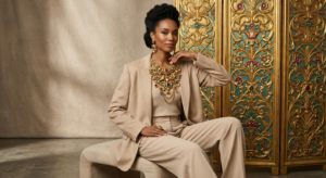 A sophisticated editorial composition featuring a minimalist beige monochrome outfit contrasted agai