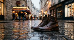 A high-end editorial fashion shot featuring a stylish pair of leather ankle boots placed on a sleek,