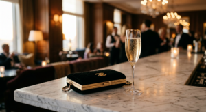 An elegant, professional editorial shot of a sleek designer evening clutch placed on a marble surfac