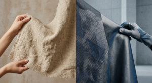 A high-end editorial split-screen composition featuring raw organic linen textures on one side and s