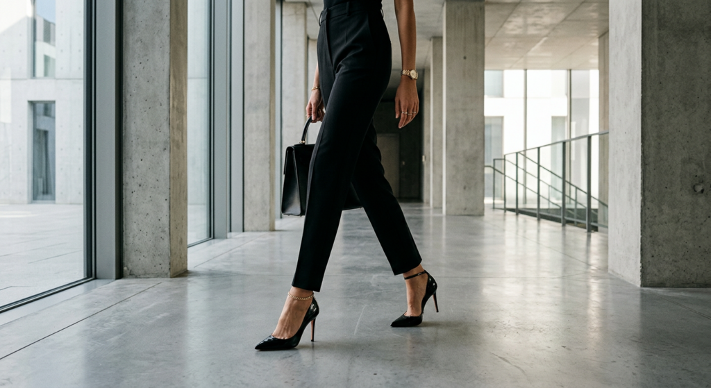A sophisticated editorial shot of a stylish woman's legs in chic heels against a minimalist architec