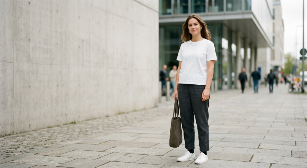 A minimalist, editorial-style photograph of a person wearing a high-quality white t-shirt, captured
