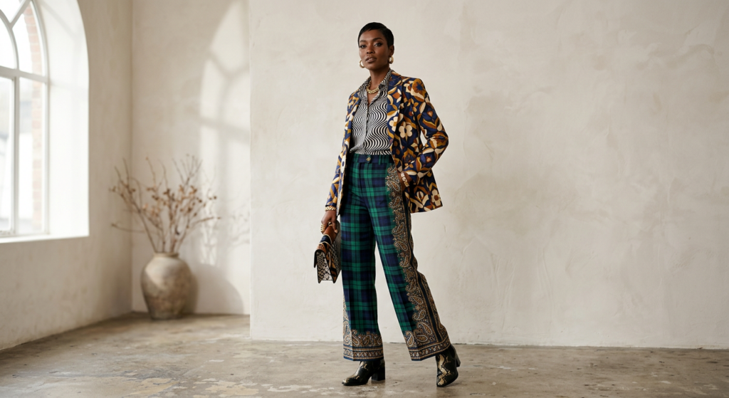 A professional editorial fashion shot of a stylish person confidently wearing a sophisticated ensemb