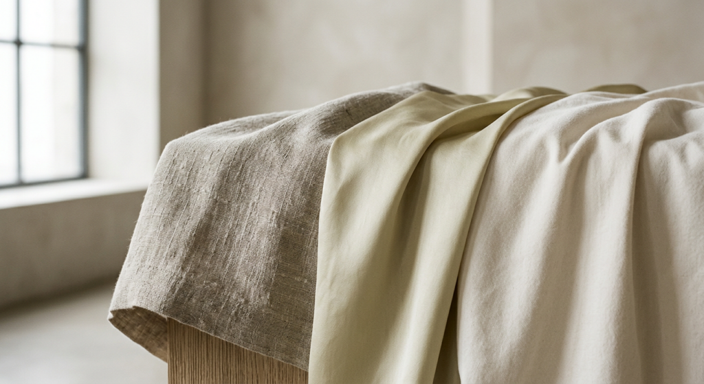 A high-end editorial close-up of premium fabric textures like organic linen, silk, and soft cotton,