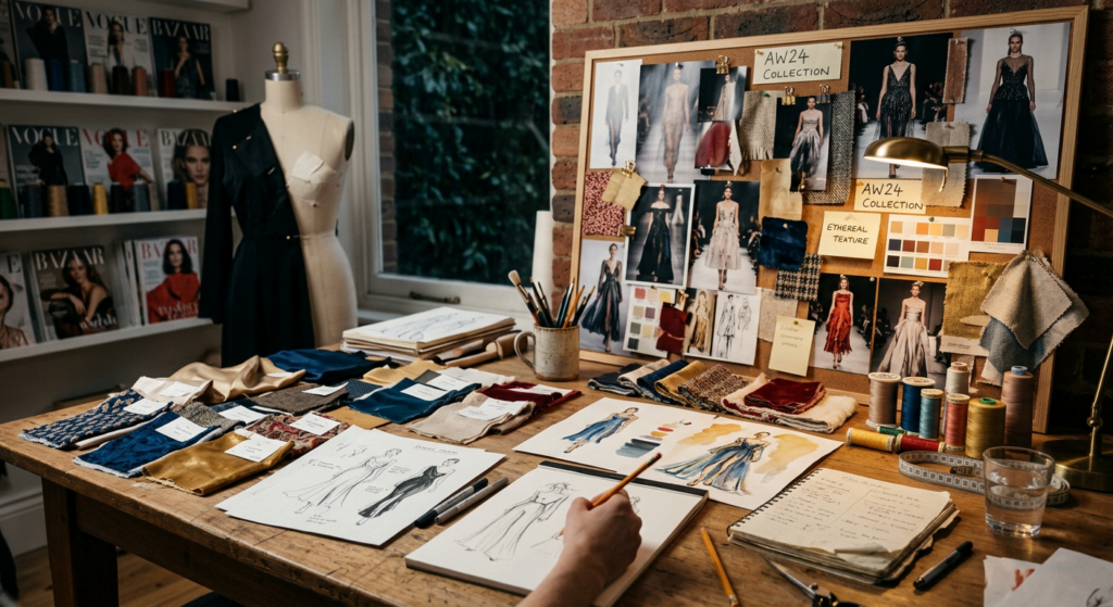A high-end editorial shot featuring a creative workspace with scattered fashion sketches, fabric swa
