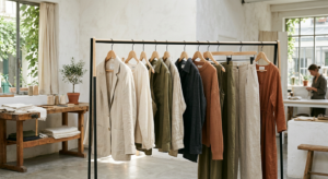 A high-end editorial photograph featuring a clothing rack with ethically made garments in a minimali