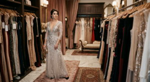 A high-end editorial fashion photograph of a woman in a stunning, ornate evening gown standing in a