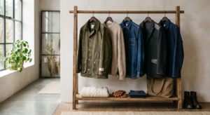 A high-end editorial shot of high-quality garments neatly arranged on a wooden rack, bathed in soft,