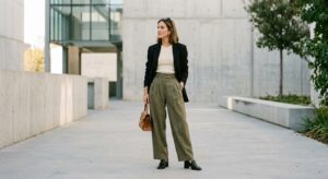 A high-end editorial fashion photograph of a stylish woman wearing trendsetting trousers, captured i