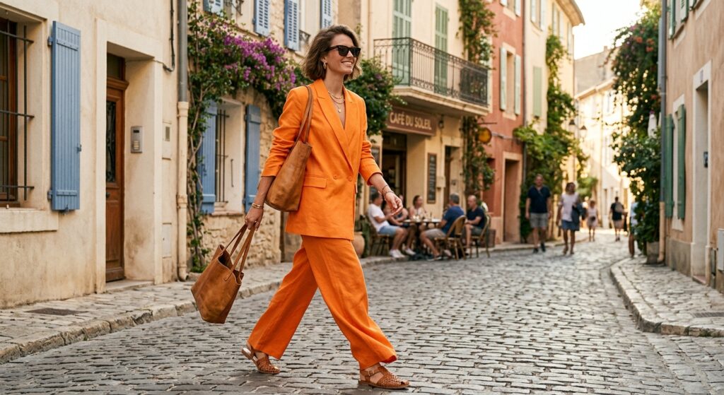 A stylish woman in a vibrant, oversized tangerine linen suit walking down a sun-drenched European st
