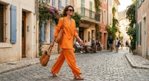 A stylish woman in a vibrant, oversized tangerine linen suit walking down a sun-drenched European st