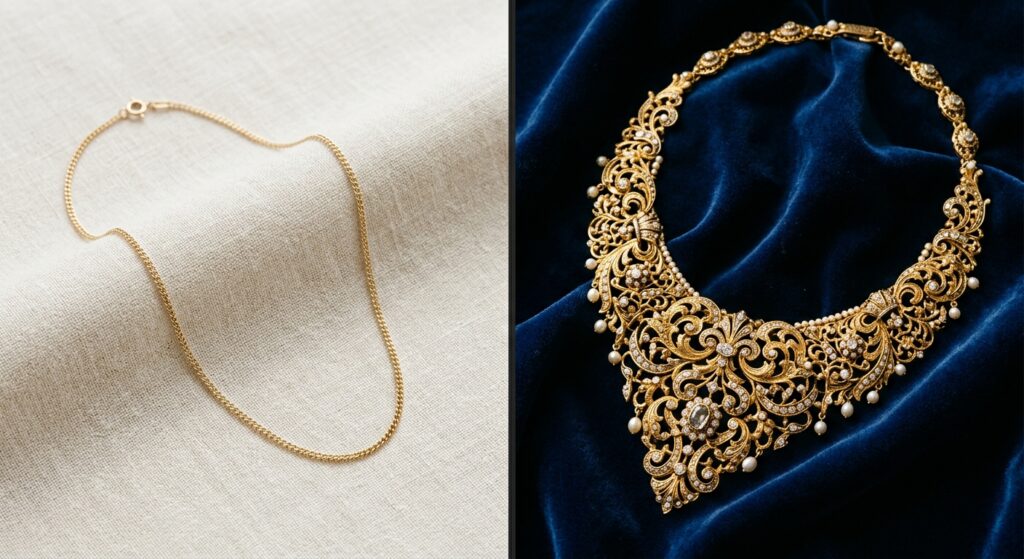 A split-screen editorial shot contrasting a delicate, minimalist gold chain on a clean backdrop agai