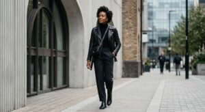 A high-end editorial fashion shot of a stylish model wearing a premium leather jacket in a minimalis