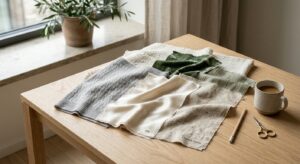 An elegant, high-end editorial shot of high-quality fabric swatches like silk, organic linen, and ca