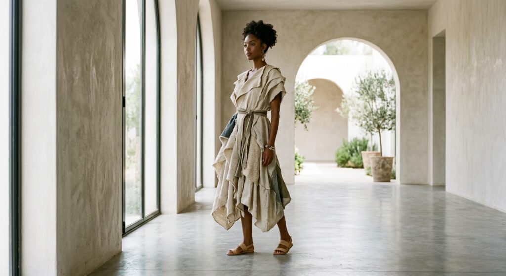 A sophisticated, editorial-style conceptual shot featuring a high-end luxury fashion garment crafted