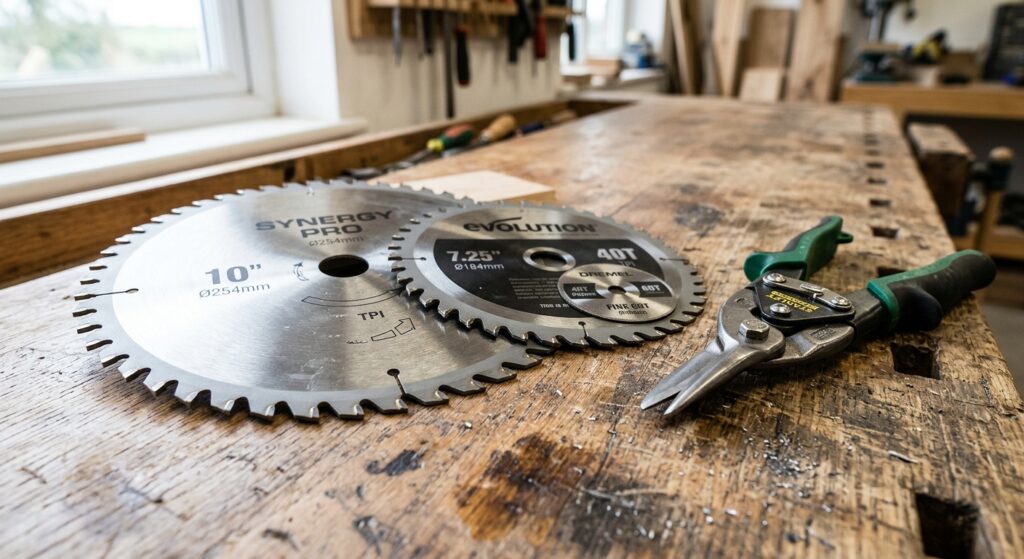 A professional, high-angle close-up of high-quality metal saw blades and shears on a rustic wooden w