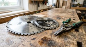A professional, high-angle close-up of high-quality metal saw blades and shears on a rustic wooden w