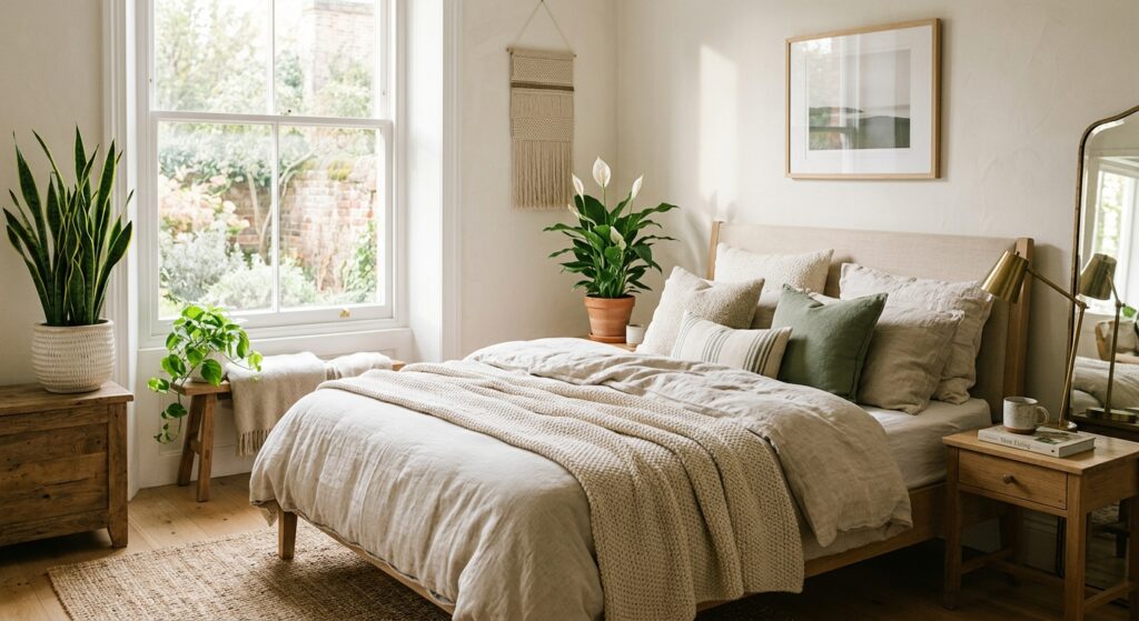 A serene and stylish bedroom interior featuring lush houseplants like a snake plant and peace lily p