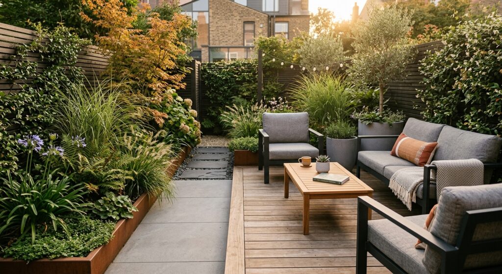 A professional, editorial-style photograph of a lush, contemporary small garden featuring sleek mini